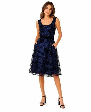 Vintage Y2K Jessica Howard Navy & Black Floral Overlay Sleeveless Midi Dress